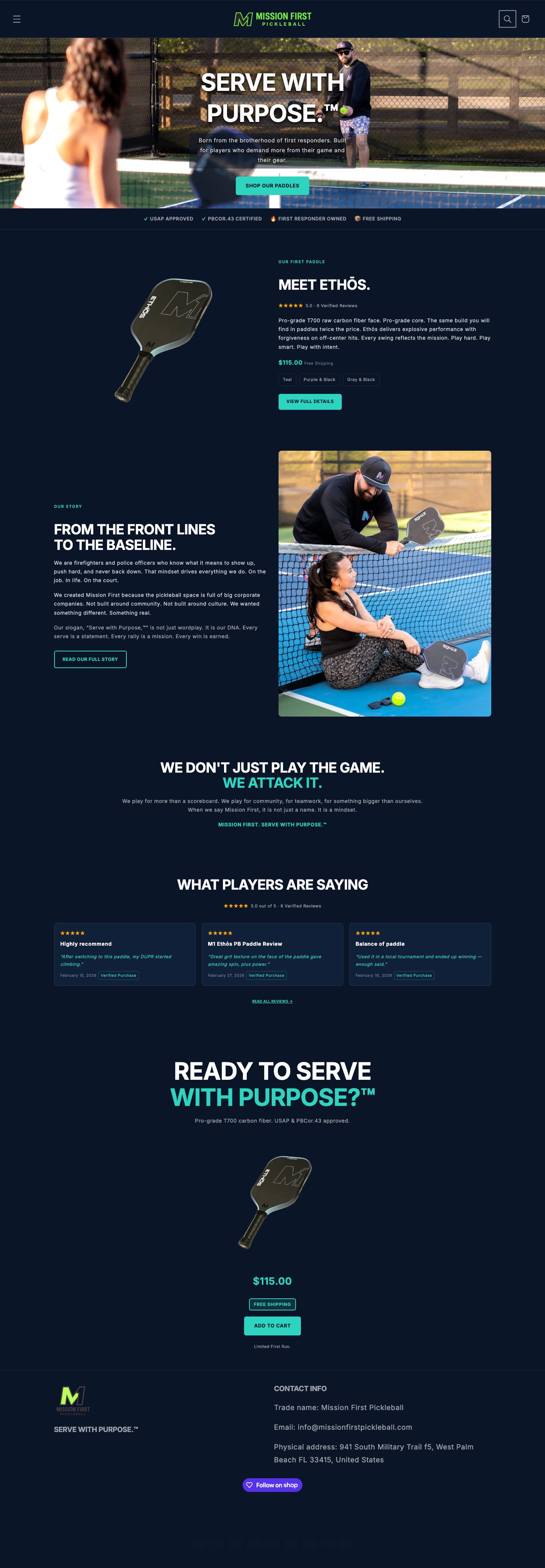 Mission First Pickleball homepage, rebuilt on Shopify